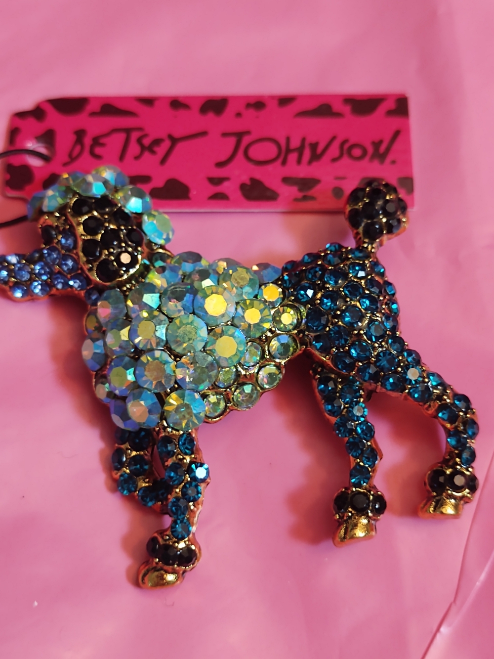 (NEW) Betsey Johnson Blue and Iridescent Crystal Poodle Pin